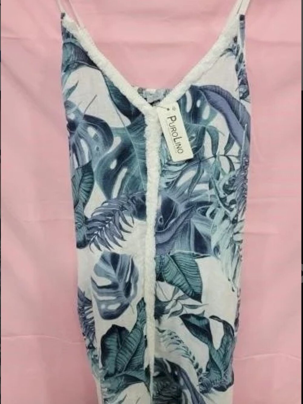 Puro Lino Blue Palm Leaf Sun Dress w/ Pockets S/M NWT.  4255